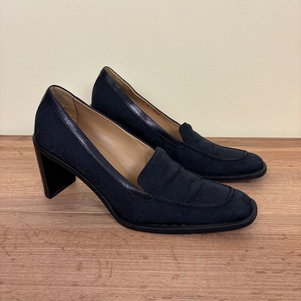 GUCCI GG Canvas Monogram Block Heel Loafer Pumps Black Women Size 8.5 Business